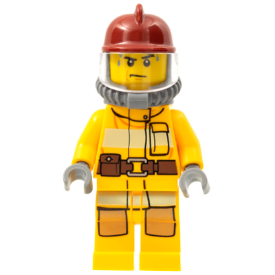 Fire - Bright Light Orange Fire Suit with Utility Belt, Dark Red Fire Helmet, Yellow Air Tanks, Sweat Drops