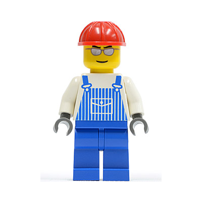 Overalls Striped Blue with Pocket, Blue Legs, Red Construction Helmet, Silver Glasses and Eyebrows