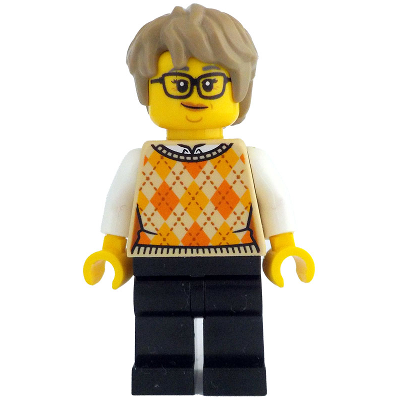 Woman - Tan Knit Argyle Sweater Vest, Black Legs, Dark Tan Thick Messy Hair, Glasses