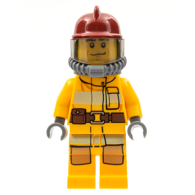 Fire - Bright Light Orange Fire Suit with Utility Belt, Dark Red Fire Helmet, Yellow Air Tanks, Black Eyebrows, Chin Dimple