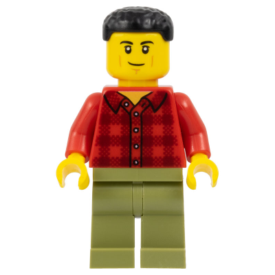 Plane Passenger - Male, Red Plaid Flannel Shirt, Olive Green Legs, Black Short Hair