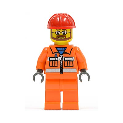 Construction Worker - Orange Zipper, Safety Stripes, Orange Arms, Orange Legs, Red Construction Helmet, Beard and Glasses