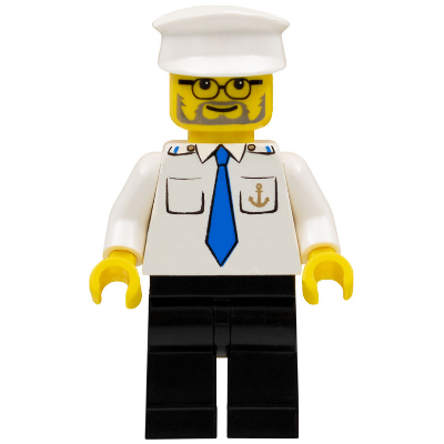 Boat Captain with Blue Tie and Anchor on Pocket, White Hat