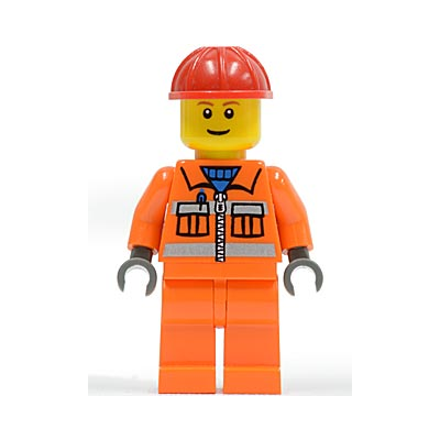 Construction Worker - Orange Zipper, Safety Stripes, Orange Arms, Orange Legs, Red Construction Helmet, Brown Eyebrows, Thin Grin