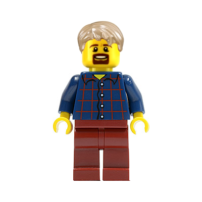 LEGOLAND Park Male, Dark Blue Plaid Button Shirt Pattern, Dark Tan Short Tousled Hair, Goatee