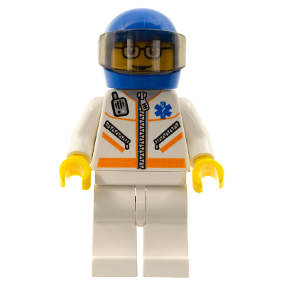 Doctor - Jacket with Zipper and EMT Star of Life - White Legs, Blue Helmet, Trans-Black Visor, Glasses and Brown Eyebrows