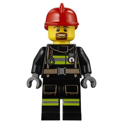 Fireman, Black Fire Suit with Gauge and Straps, Red Helmet, Goatee Beard