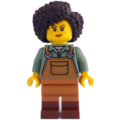 Gardener - Female, Medium Nougat Overalls over Sand Green Shirt, Reddish Brown Boots, Dark Brown Hair