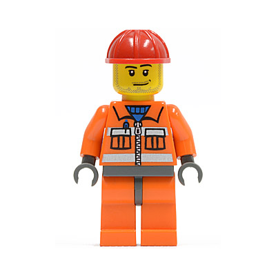 Construction Worker - Orange Zipper, Safety Stripes, Orange Arms, Orange Legs, Dark Bluish Gray Hips, Red Construction Helmet, Smirk and Stubble Beard